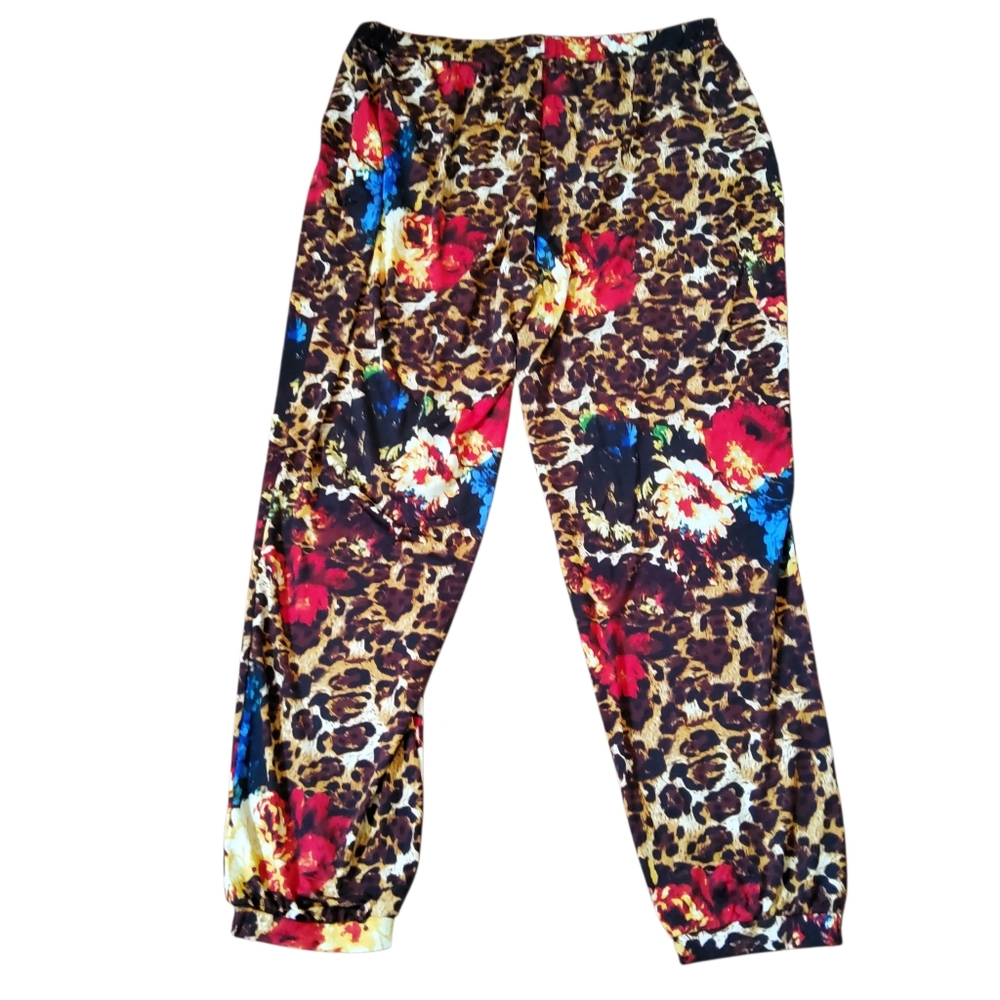 New Kate & Mallory Leopard Floral Animal Print Stretch Joggers Pants Size XL